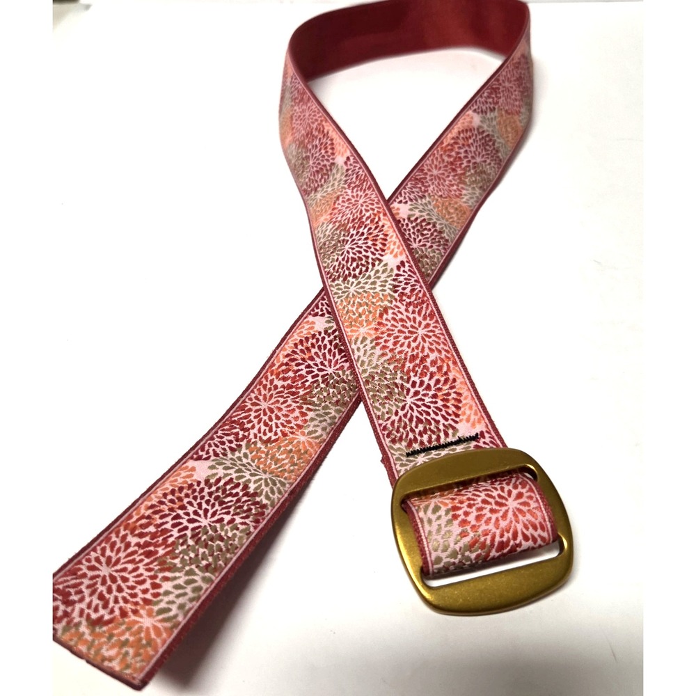 Bison Designs Belt S Web Floral Fabric Coral/Melon Mums Anodized Metal Gold USA